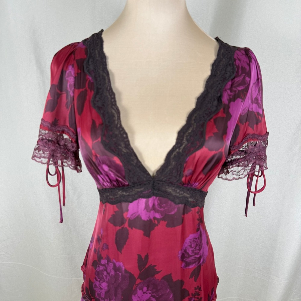 Free People Jos Printed Satin Mini Dress Berry Combo Drop Waist Lace Sz XS EUC - Picture 2 of 12